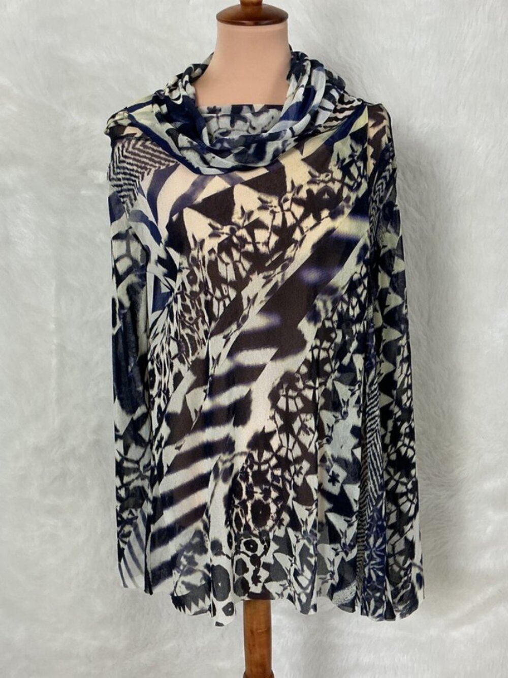Fuzzi Sheer Blue Cream Abstract Star Mesh Cowl Neck Long Sleeve Tunic Top L
